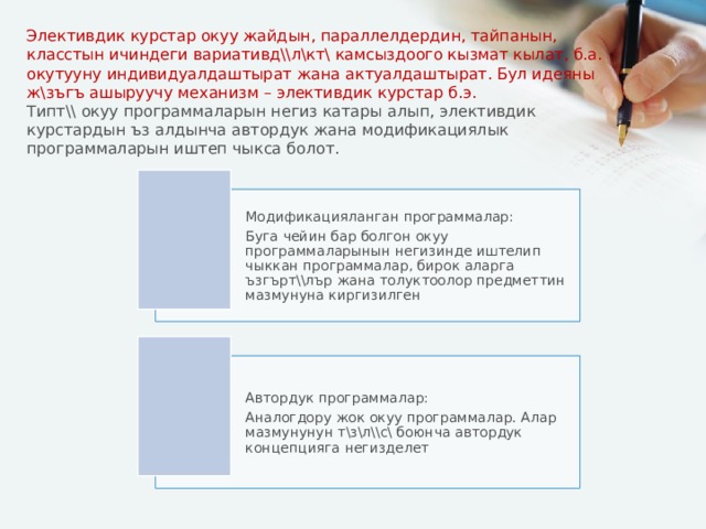 Элективдик курстар окуу жайдын, параллелдердин, тайпанын, класстын ичиндеги вариативд\\л\кт\ камсыздоого кызмат кылат, б.а. окутууну индивидуалдаштырат жана актуалдаштырат. Бул идеяны ж\зъгъ ашыруучу механизм – элективдик курстар б.э.  Типт\\ окуу программаларын негиз катары алып, элективдик курстардын ъз алдынча автордук жана модификациялык программаларын иштеп чыкса болот. Модификацияланган программалар: Буга чейин бар болгон окуу программаларынын негизинде иштелип чыккан программалар, бирок аларга ъзгърт\\лър жана толуктоолор предметтин мазмунуна киргизилген Автордук программалар: Аналогдору жок окуу программалар. Алар мазмунунун т\з\л\\с\ боюнча автордук концепцияга негизделет 