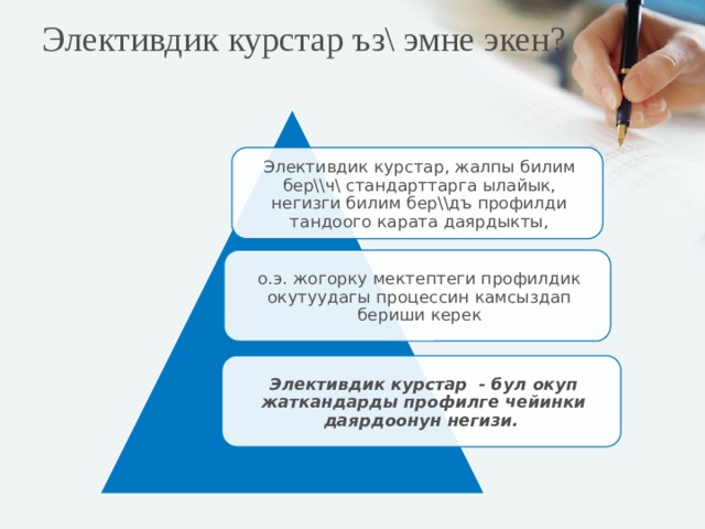 Элективдик курстар ъз\ эмне экен?   Элективдик курстар, жалпы билим бер\\ч\ стандарттарга ылайык, негизги билим бер\\дъ профилди тандоого карата даярдыкты, о.э. жогорку мектептеги профилдик окутуудагы процессин камсыздап бериши керек Элективдик курстар - бул окуп жаткандарды профилге чейинки даярдоонун негизи.  