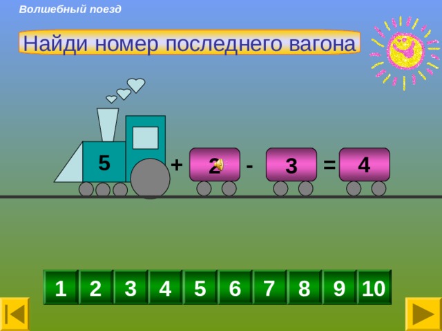 Волшебный поезд Найди номер последнего вагона 5 - + 3 2 4 = 1 2 4 10 9 8 7 6 5 3 