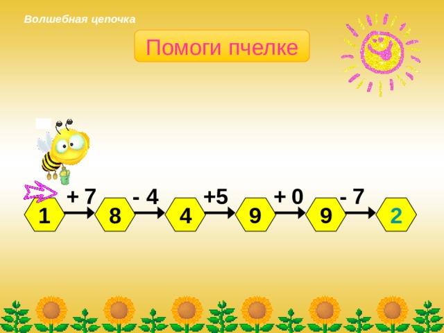 Волшебная цепочка Помоги пчелке +5 - 7 + 0 + 7 - 4 8 2 9 4 9 1 