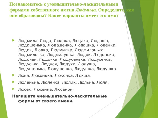 Познакомьтесь с уменьшительно-ласкательными формами собственного имени Людмила. Определите, как они образованы? Какие варианты имеет это имя? Людмила, Люда, Людака, Людаха, Людаша, Людашенька, Людашечка, Людашка, Людёнка, Людик, Людка, Людмилка, Людмилонька, Людмилочка, Людмилушка, Людок, Людонька, Людочек, Людочка, Людусенька, Людусечка, Людуська, Людуся, Людуха, Людуша, Людушенька, Людушечка, Людушка, Людушка. Люка, Люконька, Люкочка, Люкша. Люленька, Люлечка, Люлик, Люлька, Люля. Люсек, Люсёнка, Люсёнок. Напишите уменьшительно-ласкательные формы от своего имени. 
