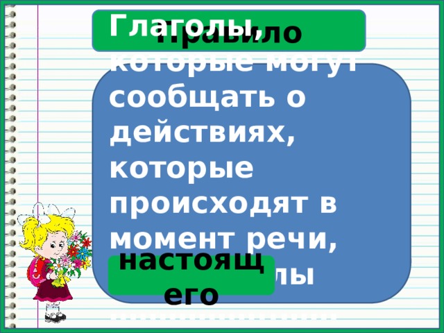 Правило Глаголы, которые могут сообщать о действиях, которые происходят в момент речи, это глаголы ……………..…… времени настоящего 