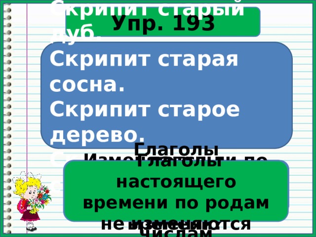 Упр. 193 Скрипит старый дуб. Скрипит старая сосна. Скрипит старое дерево. Скрипят старые сосны. Глаголы настоящего времени изменяются по числам Изменяются ли по родам глаголы настоящего времени? В каком он времени стоит? Сравни окончания? Сделай вывод про числа глаголов наст. времени?  Глаголы настоящего времени по родам не изменяются Правда ли, что это один и тот же глагол? Назови его нач. форму? 