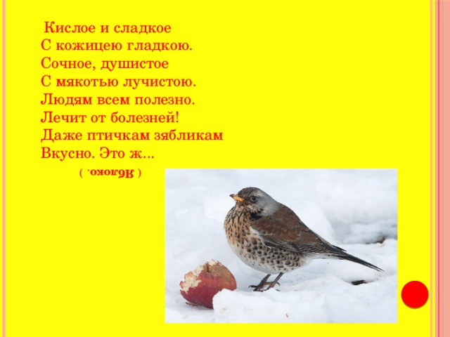 (  Яблоко . )  Кислое и сладкое  С кожицею гладкою.  Сочное, душистое  С мякотью лучистою.  Людям всем полезно.  Лечит от болезней!  Даже птичкам зябликам  Вкусно. Это ж... 