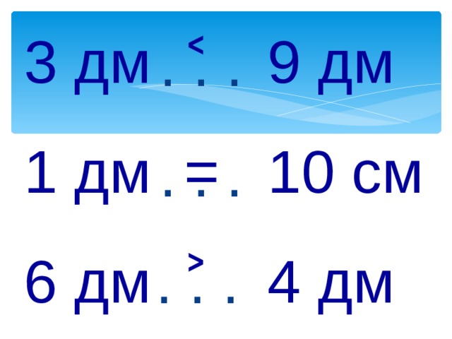 3 дм 9 дм 1 дм 10 см 6 дм 4 дм . . . ˂   = . . . . . . ˃  