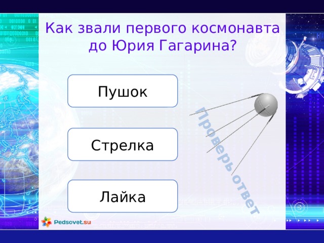 Проверь ответ Как звали первого космонавта до Юрия Гагарина? Пушок Стрелка Лайка 