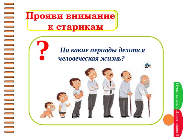 Прояви внимание  к старикам ?  На какие периоды делится человеческая жизнь? Пункт плана Пункт плана 4 Пункт плана 5 Пункт плана 