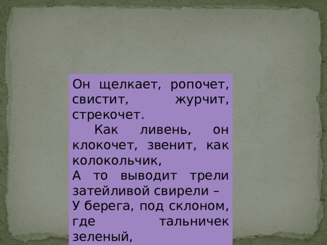 . Он щелкает, ропочет, свистит, журчит, стрекочет.  Как ливень, он клокочет, звенит, как колокольчик, А то выводит трели затейливой свирели – У берега, под склоном, где тальничек зеленый, Где хмель разросся дикий, поет артист великий 