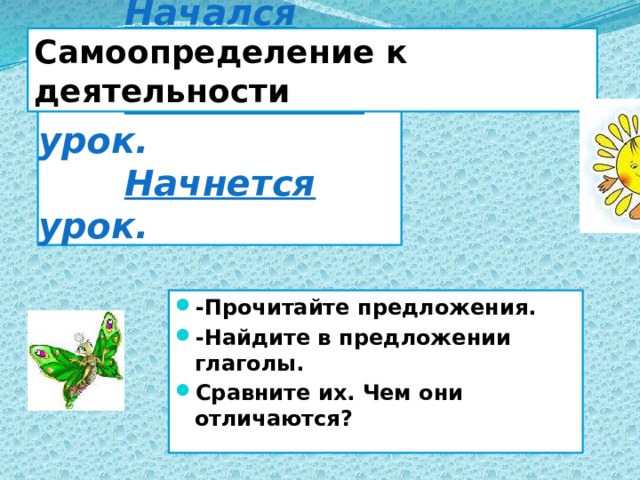 Самоопределение к деятельности  Начался урок.   Начинается урок.   Начнется урок. -Прочитайте предложения. -Найдите в предложении глаголы. Сравните их. Чем они отличаются? 