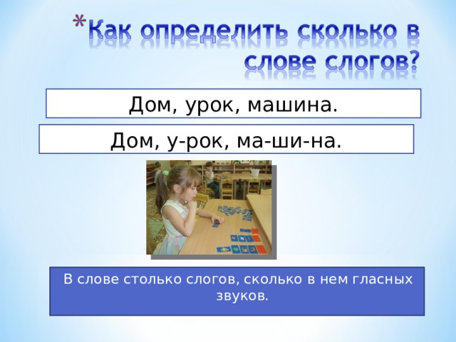 Дом, урок, машина. Дом, у-рок, ма-ши-на. В слове столько слогов, сколько в нем гласных звуков. 