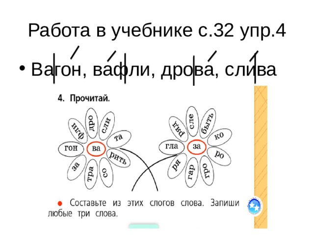 Работа в учебнике с.32 упр.4 Вагон, вафли, дрова, слива 