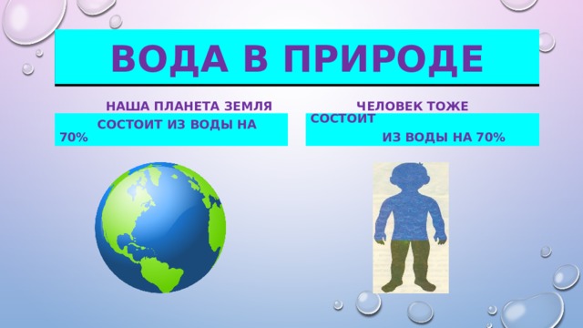 Вода в природе  Наша планета земля  Человек тоже состоит  состоит из воды на 70%  из воды на 70% 