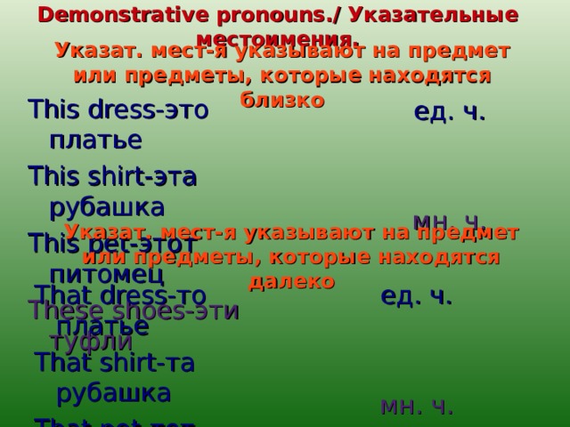 Demonstrative pronouns./ Указательные местоимения. Указат. мест-я указывают на предмет или предметы, которые находятся близко This dress-это платье This shirt-эта рубашка This pet-этот питомец These shoes-эти туфли ед. ч. мн. ч. Указат. мест-я указывают на предмет или предметы, которые находятся далеко ед. ч. That dress-то платье That shirt-та рубашка That pet-тот питомец Those shoes-те туфли мн. ч.