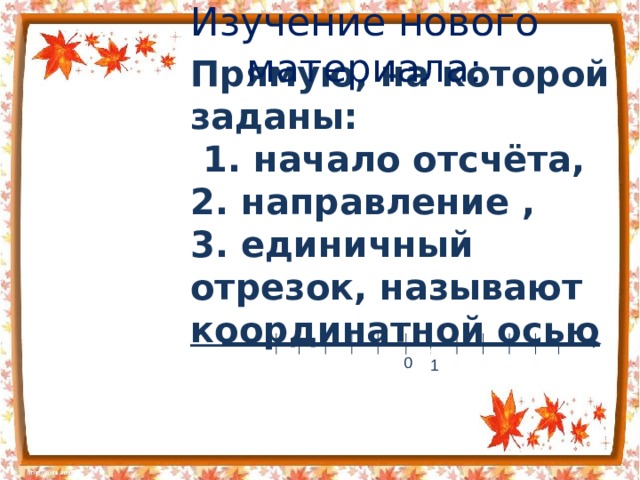 Изучение нового материала: Прямую, на которой заданы:  1. начало отсчёта,  2. направление ,  3. единичный отрезок, называют координатной осью 0 1 