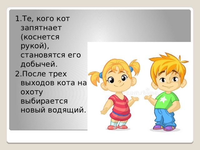 1.Те, кого кот запятнает (коснется рукой), становятся его добычей. 2.После трех выходов кота на охоту выбирается новый водящий. 