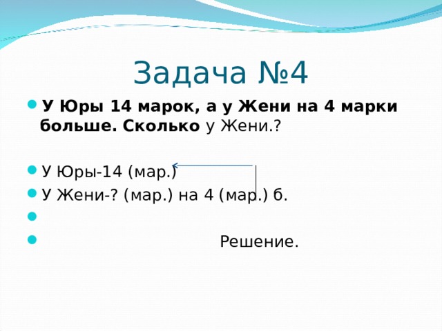 Задача №4 У Юры 14 марок, а у Жени на 4 марки больше. Сколько у Жени.?  У Юры-14 (мар.) У Жени-? (мар.) на 4 (мар.) б.  Решение.  