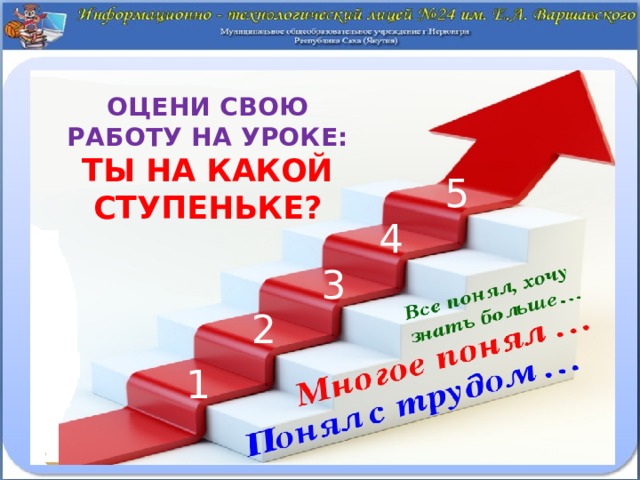 Оцени свою работу на уроке:  ты на какой ступеньке? 5 4 3 2 1 