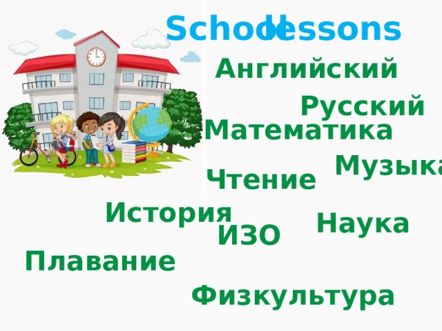 School lessons Английский Русский Математика Музыка Чтение История Наука ИЗО Плавание Физкультура 