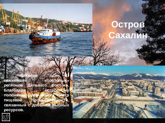 Остров Сахалин  Сахалин – один из важнейших «портовых» регионов Дальнего Востока. Благодаря островному положению, это ещё и центр пищевой промышленности, связанный с добычей рыбных ресурсов. 