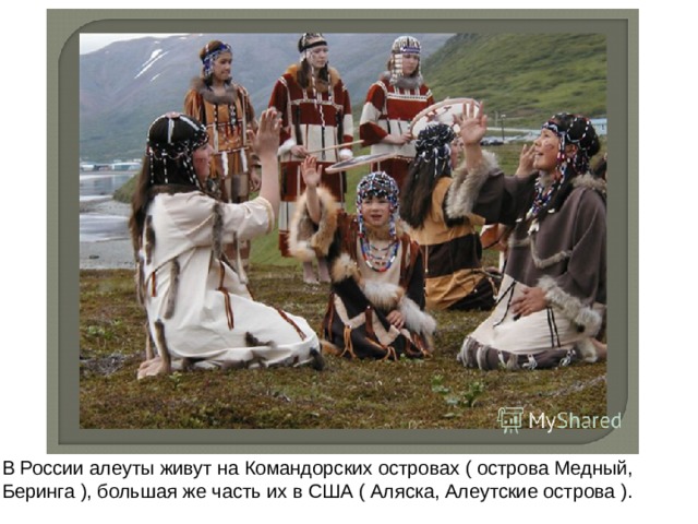 В России алеуты живут на Командорских островах ( острова Медный, Беринга ), большая же часть их в США ( Аляска, Алеутские острова ). 