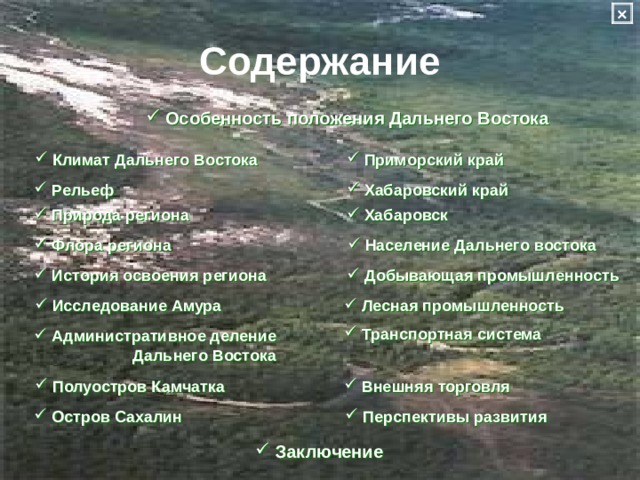 × Содержание  Особенность положения Дальнего Востока  Приморский край  Климат Дальнего Востока  Рельеф  Хабаровский край  Хабаровск  Природа региона  Население Дальнего востока  Флора региона  История освоения региона  Добывающая промышленность  Исследование Амура  Лесная промышленность  Транспортная система  Административное деление  Дальнего Востока  Полуостров Камчатка  Внешняя торговля  Остров Сахалин  Перспективы развития  Заключение 