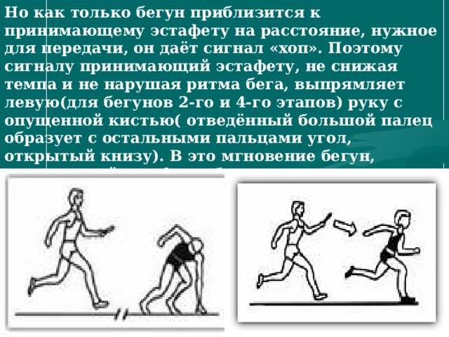 Но как только бегун приблизится к принимающему эстафету на расстояние, нужное для передачи, он даёт сигнал «хоп». Поэтому сигналу принимающий эстафету, не снижая темпа и не нарушая ритма бега, выпрямляет левую(для бегунов 2-го и 4-го этапов) руку с опущенной кистью( отведённый большой палец образует с остальными пальцами угол, открытый книзу). В это мгновение бегун, передающий эстафету, быстро вытягивает правую руку и движением снизу вперёд и слегка вверх точно вкладывает эстафетную палочку в кисть принимающего. 