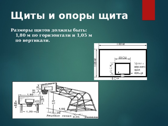 Щиты и опоры щита  Размеры щитов должны быть: 1,80 м по горизонтали и 1,05 м по вертикали.  