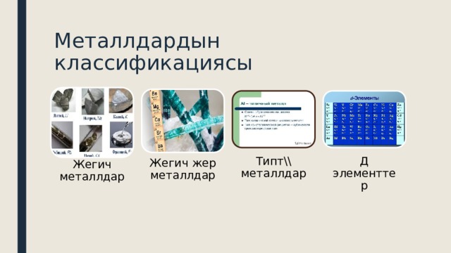 Металлдардын классификациясы Типт\\ металлдар Д элементтер Жегич жер металлдар Жегич металлдар 