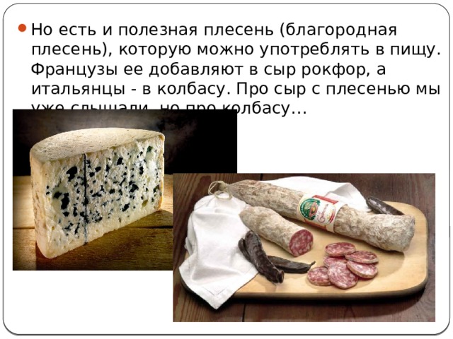 Но есть и полезная плесень (благородная плесень), которую можно употреблять в пищу. Французы ее добавляют в сыр рокфор, а итальянцы - в колбасу. Про сыр с плесенью мы уже слышали, но про колбасу… 