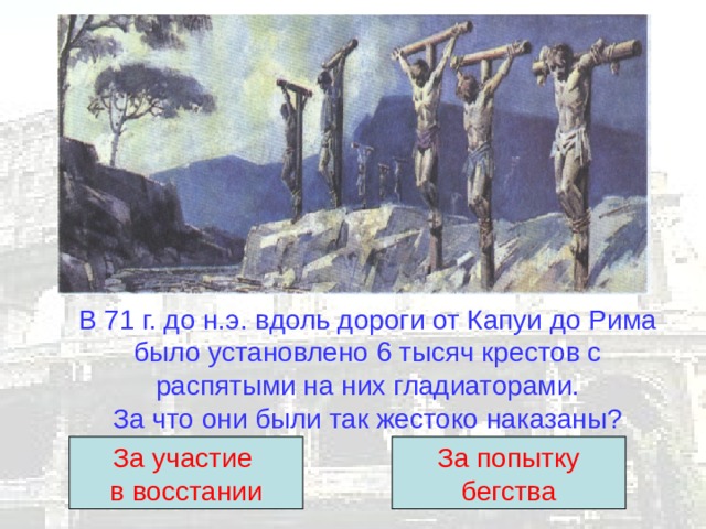 В 71 г. до н.э. вдоль дороги от Капуи до Рима было установлено 6 тысяч крестов с распятыми на них гладиаторами.  За что они были так жестоко наказаны? За участие в восстании За попытку бегства 