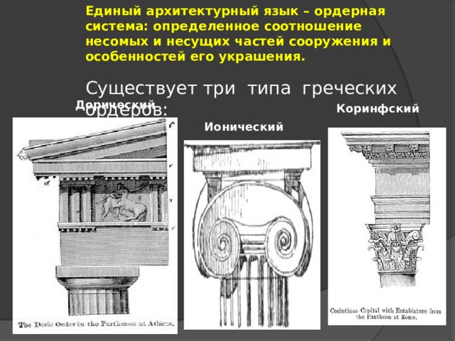 Единый архитектурный язык – ордерная система: определенное соотношение несомых и несущих частей сооружения и особенностей его украшения. Существует три типа греческих ордеров: Дорический Коринфский Ионический 