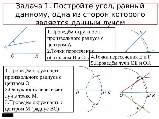 Задача 1. Постройте угол, равный данному, одна из сторон которого является данным лучом 1.Проведём окружность произвольного радиуса с центром A. 2.Точки пересечения обозначим В и С: АВ=АС=r 4.Точки пересечения E и F. 5.Проведём лучи OE и OF. 1.Проведём окружность произвольного радиуса с центром О. 2.Окружность пересекает луч в точке М. 3.Проведём окружность с центром М (радиус ВС). 