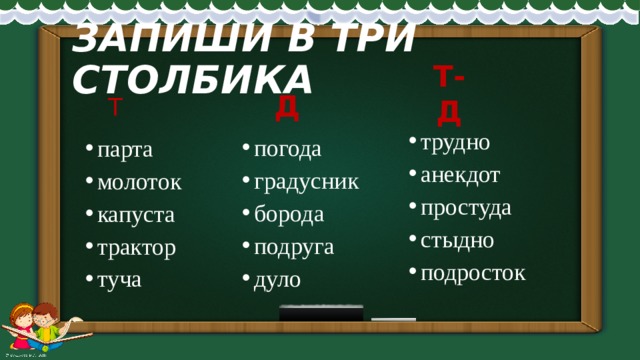 ЗАПИШИ В ТРИ СТОЛБИКА Т Д Т- Д трудно анекдот простуда стыдно подросток погода градусник борода подруга дуло парта молоток капуста трактор туча 