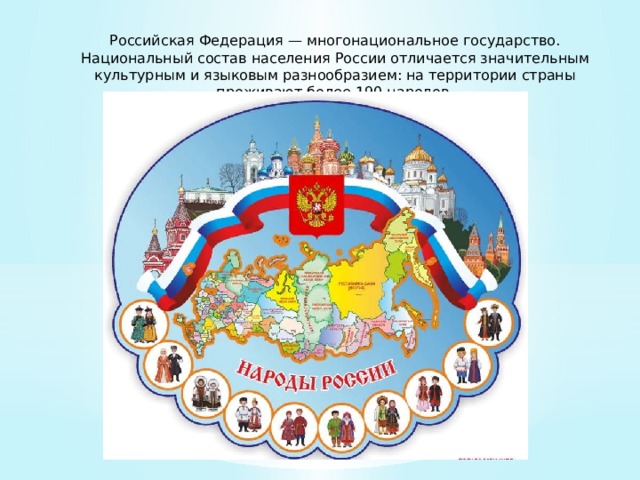 Российская Федерация — многонациональное государство. Национальный состав населения России отличается значительным культурным и языковым разнообразием: на территории страны проживают более 190 народов. 