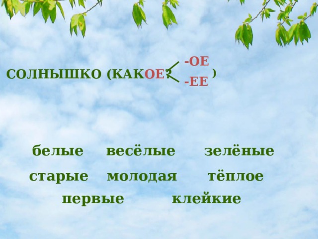 -ОЕ СОЛНЫШКО (КАК ОЕ ? ) -ЕЕ белые весёлые зелёные старые молодая тёплое первые клейкие 