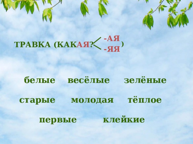 -АЯ ТРАВКА (КАК АЯ ? ) -ЯЯ белые зелёные весёлые молодая старые тёплое первые клейкие 