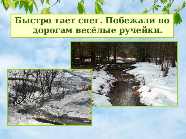 Быстро тает снег. Побежали по дорогам весёлые ручейки. 