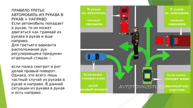 ПРАВИЛО ТРЕТЬЕ АВТОМОБИЛЬ ИЗ РУКАВА В РУКАВ + НАПРАВО Если автомобиль попадает в рукав, то он может двигаться как трамвай из рукава в рукав и еще направо. Для третьего варианта расположения рук регулировщика придуман отдельный стишок - если палка смотрит в рот делай правый поворот. Однако, это всего лишь частный случай из рукава в рукав и направо. В данной ситуации из рукава в рукав и есть направо. 