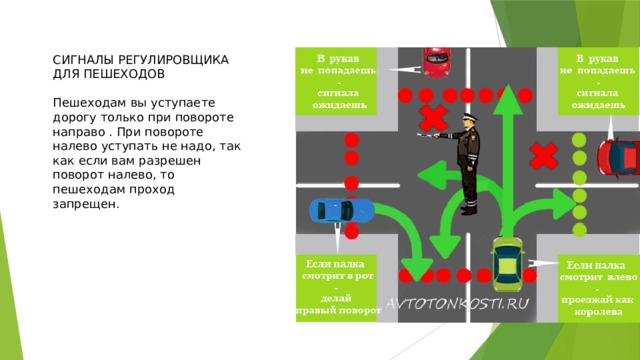 СИГНАЛЫ РЕГУЛИРОВЩИКА ДЛЯ ПЕШЕХОДОВ Пешеходам вы уступаете дорогу только при повороте направо . При повороте налево уступать не надо, так как если вам разрешен поворот налево, то пешеходам проход запрещен. 