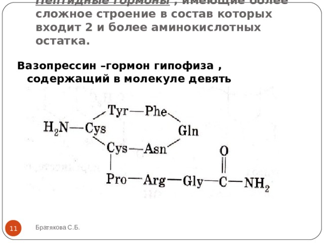 Пептидные гормоны , имеющие более сложное строение в состав которых входит 2 и более аминокислотных остатка. Вазопрессин –гормон гипофиза , содержащий в молекуле девять аминокислотных остатков.   Братякова С.Б.  