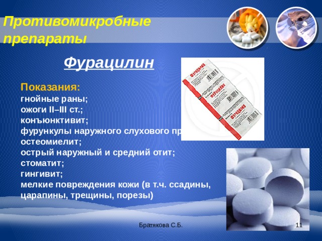 Противомикробные препараты Фурацилин Показания: гнойные раны; ожоги II–III ст.; конъюнктивит; фурункулы наружного слухового прохода; остеомиелит; острый наружный и средний отит; стоматит; гингивит; мелкие повреждения кожи (в т.ч. ссадины, царапины, трещины, порезы) Братякова С.Б.  