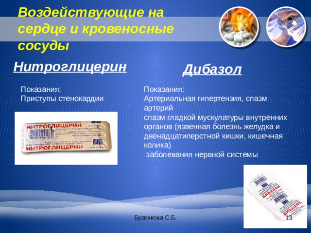 Воздействующие на сердце и кровеносные сосуды   Нитроглицерин Дибазол Показания: Показания: Приступы стенокардии Артериальная гипертензия, спазм артерий спазм гладкой мускулатуры внутренних органов (язвенная болезнь желудка и двенадцатиперстной кишки, кишечная колика)  заболевания нервной системы Братякова С.Б.  