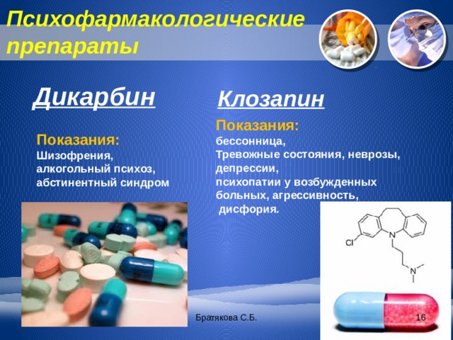 Психофармакологические препараты    Дикарбин Клозапин  Показания: бессонница, Тревожные состояния, неврозы, депрессии, психопатии у возбужденных больных, агрессивность,  дисфория. Показания: Шизофрения, алкогольный психоз, абстинентный синдром Братякова С.Б.  