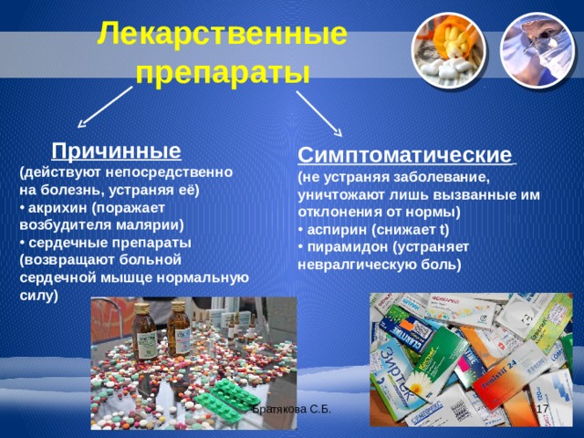 Лекарственные препараты  Причинные (действуют непосредственно на болезнь, устраняя её)  акрихин (поражает возбудителя малярии)  сердечные препараты (возвращают больной сердечной мышце нормальную силу) Симптоматические  (не устраняя заболевание, уничтожают лишь вызванные им отклонения от нормы)  аспирин (снижает t)  пирамидон (устраняет невралгическую боль) Братякова С.Б.  