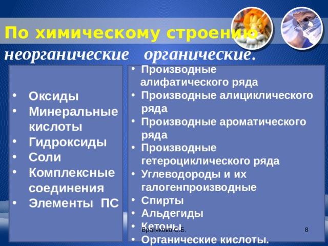 По химическому строению неорганические   органические .   Оксиды Минеральные кислоты Гидроксиды Соли Комплексные соединения Элементы ПС Производные  алифатического ряда Производные алициклического ряда Производные ароматического ряда Производные гетероциклического ряда Углеводороды и их галогенпроизводные Спирты Альдегиды Кетоны Органические кислоты. Братякова С.Б.  