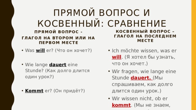 Прямой вопрос и косвенный: сравнение Косвенный вопрос – глагол на последнем месте Прямой вопрос - Глагол на втором или на первом месте Was will er? (Что он хочет?) Ich möchte wissen, was er will . (Я хотел бы узнать, что он хочет.) Wir fragen, wie lange eine Stunde dauert. (Мы спрашиваем, как долго длится один урок.) Wir wissen nicht, ob er kommt . (Мы не знаем, придет ли он.) Wie lange dauert eine Stunde? (Как долго длится один урок?) Kommt er? (Он придёт?) 