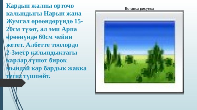 Кардын жалпы орточо калыңдыгы Нарын жана Жумгал өрөөндөрүндө 15-20см түзөт, ал эми Арпа өрөөнүндө 60см чейин жетет. Албетте тоолордо  2-3метр калыңдыктагы карлар түшөт бирок мындай кар бардык жакка тегиз түшпөйт. Вставка рисунка 