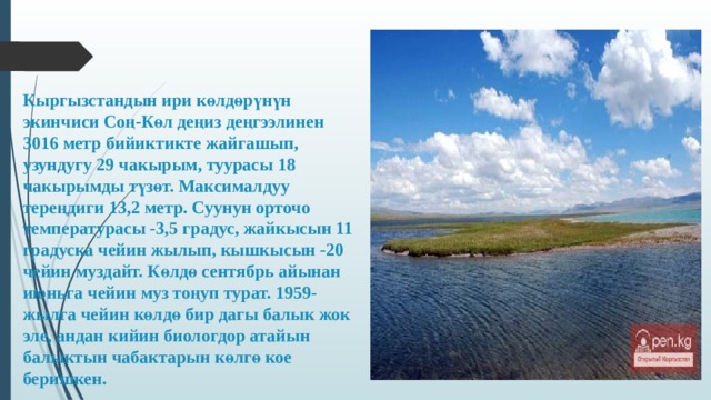 Кыргызстандын ири көлдөрүнүн экинчиси Соң-Көл деңиз деңгээлинен 3016 метр бийиктикте жайгашып, узундугу 29 чакырым, туурасы 18 чакырымды түзөт. Максималдуу тереңдиги 13,2 метр. Суунун орточо температурасы -3,5 градус, жайкысын 11 градуска чейин жылып, кышкысын -20 чейин муздайт. Көлдө сентябрь айынан июньга чейин муз тоңуп турат. 1959-жылга чейин көлдө бир дагы балык жок эле, андан кийин биологдор атайын балыктын чабактарын көлгө кое беришкен.   