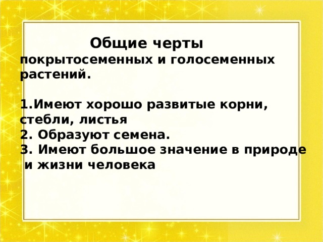  Общие черты  покрытосеменных и голосеменных растений.  1.Имеют хорошо развитые корни, стебли, листья 2. Образуют семена. 3. Имеют большое значение в природе  и жизни человека  