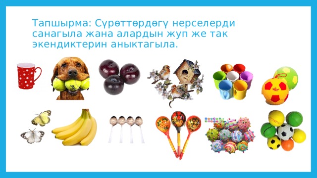 Тапшырма: Сүрөттөрдөгү нерселерди санагыла жана алардын жуп же так экендиктерин аныктагыла. 
